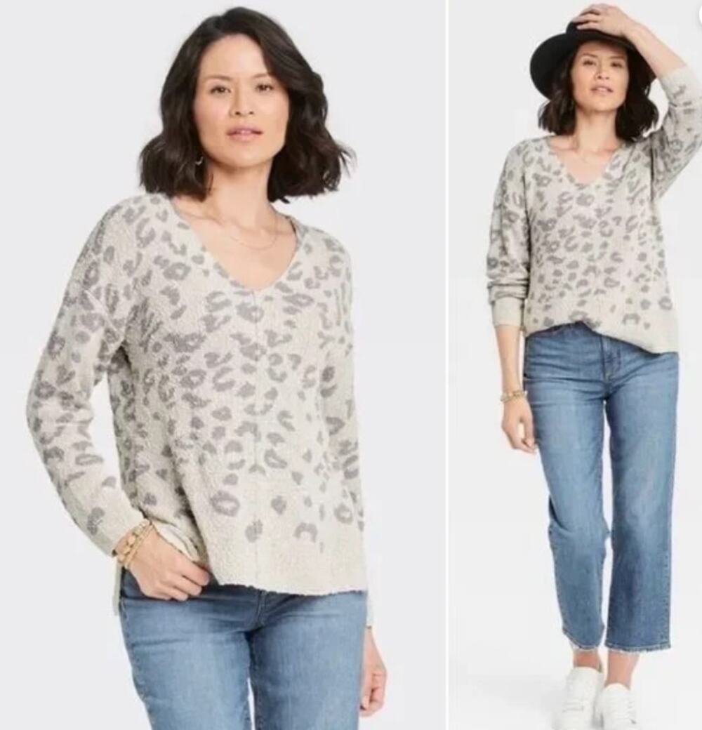 Knox Rose Leopard Print Boucle Textured Pullover Sweater Large